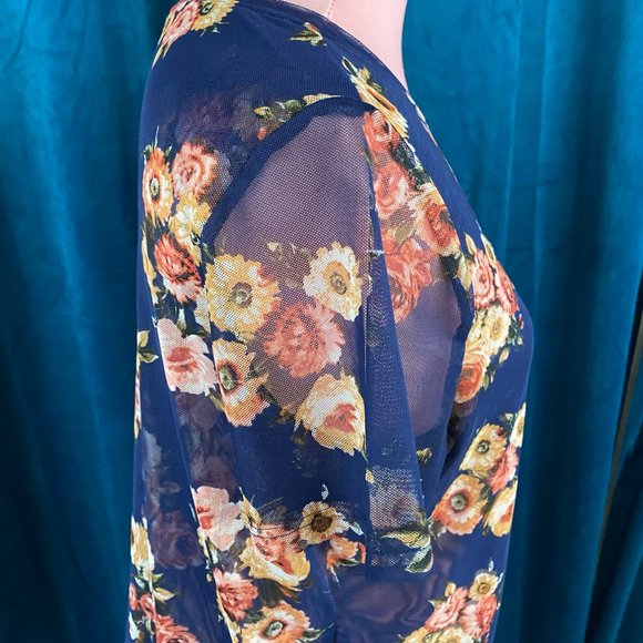 Halogen  Floral Print Short Sleeve Mesh Blouse Tops - Picture 4 of 7